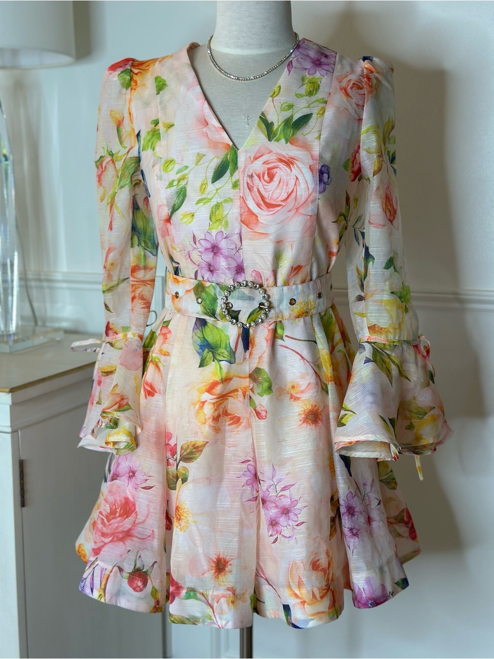 Romantic Floral V-Neck Long Sleeve Mini Dress in Pastel Floral
